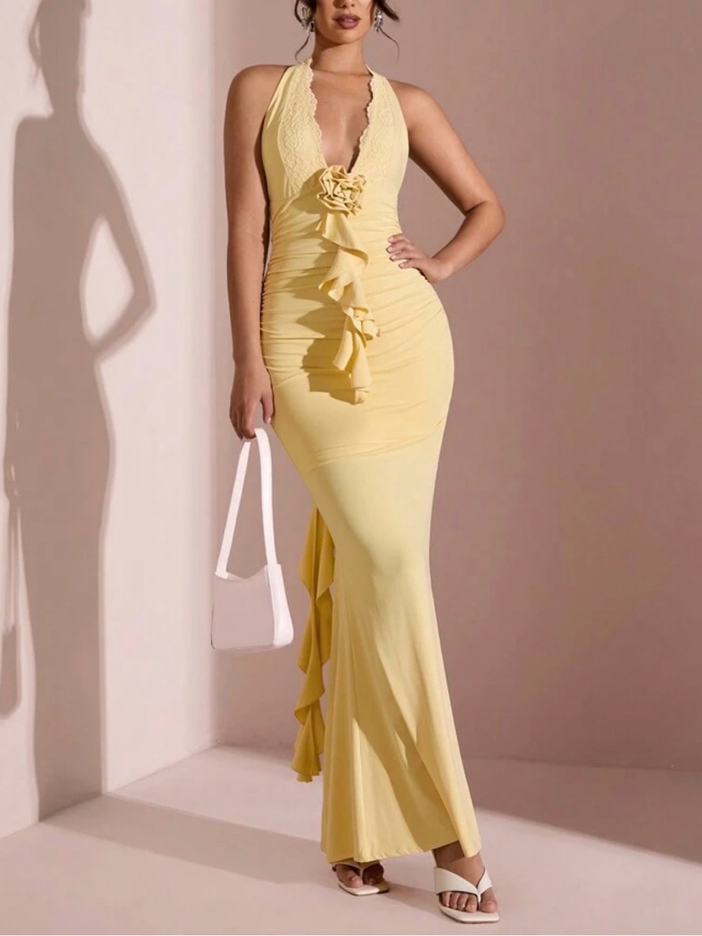 NEW Elegant Yellow Halter Maxi Dress with Ruching and Floral Detail (NEVER WORN)